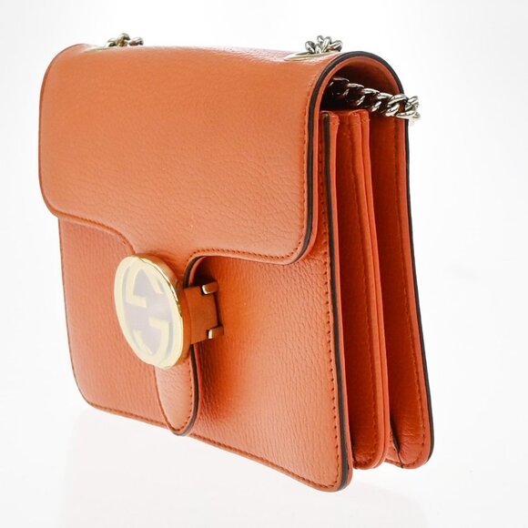 GUCCI Logo Interlocking G Chain Mini Shoulder Bag Leather Orange GHW - Picture 4 of 16